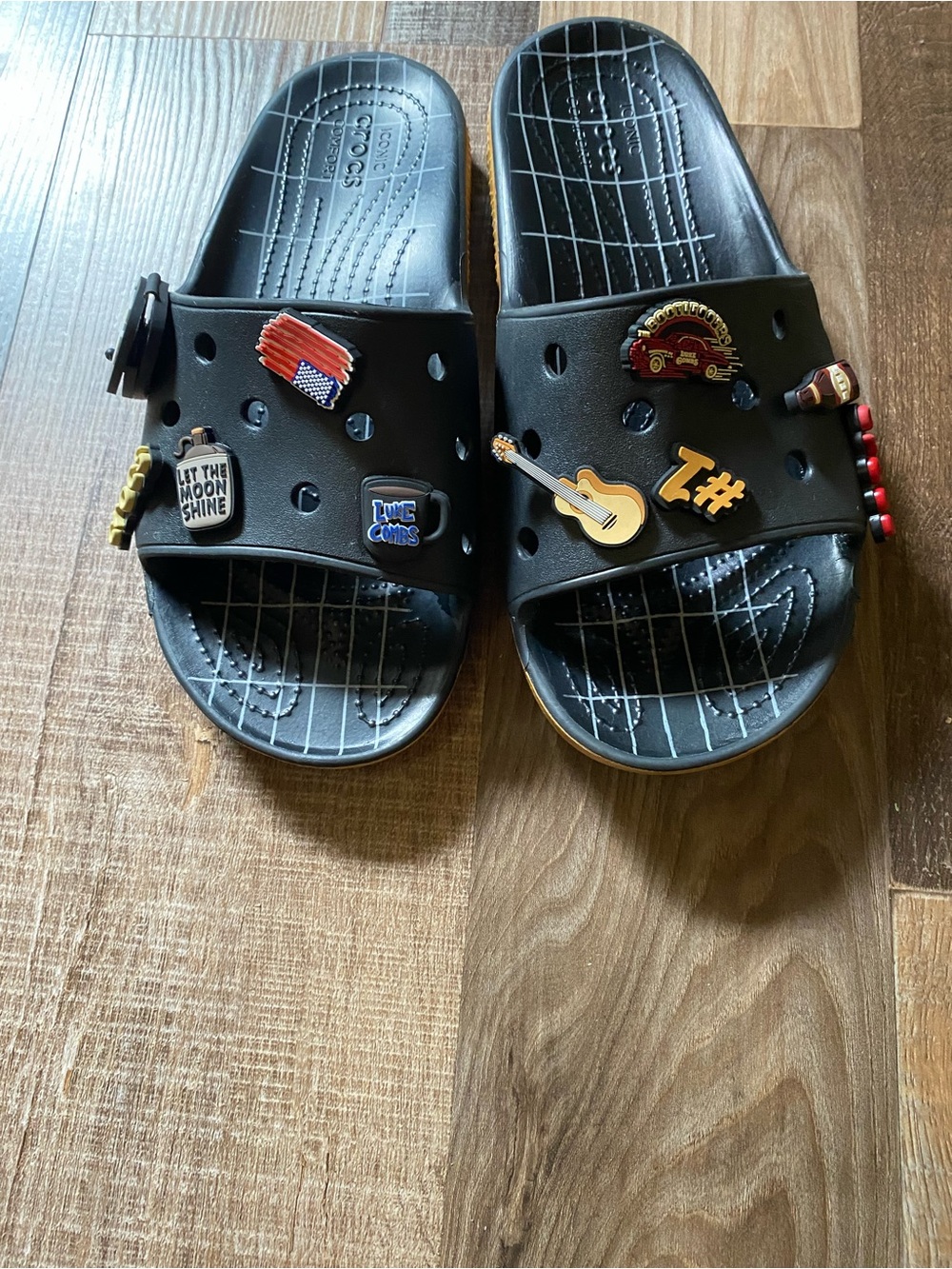 CROCS Black Slide Sandals with Music & Novelty Charms Luke Combs edition